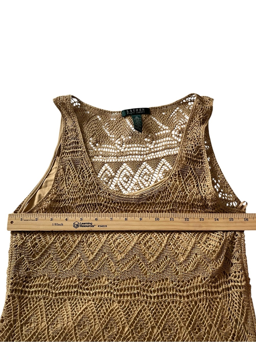 Lauren Ralph Lauren Linen Crochet Fringe Lined Midi Dress Tan Medium - Picture 13 of 13